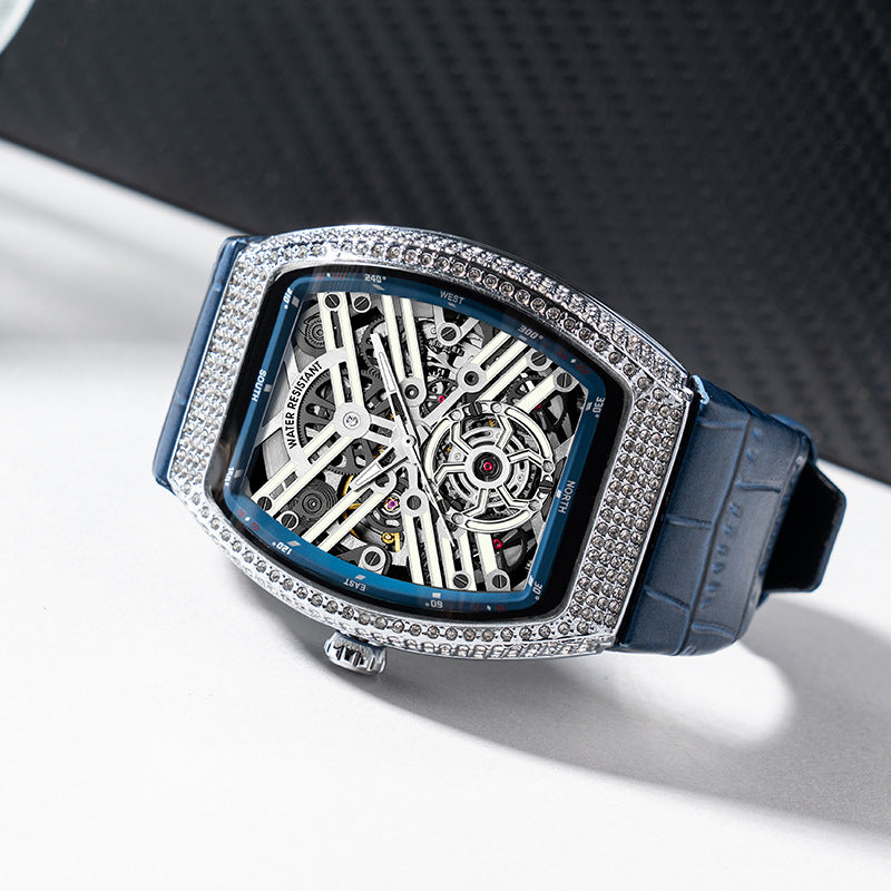 Iced Out Tonneau Skeleton Men's Watch | Diamond Pave Bezel Black Dial Circuit Movement Compass Leather Strap Luxury Timepiece
