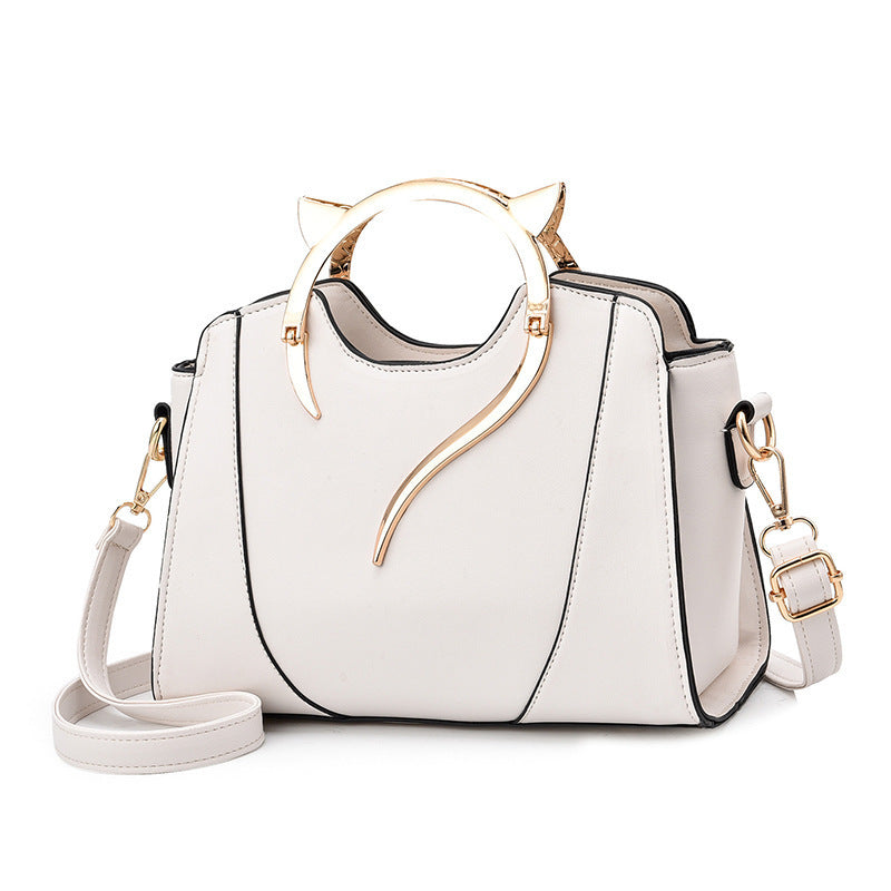 Cream Beige Structured Handbag with Gold Metal Handle | Elegant Crossbody Tote