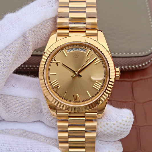 LGXIGE Men's Gold Day-Date Watch | Champagne Dial Fluted Bezel Presidential Bracelet Roman Numeral Luxury Watch
