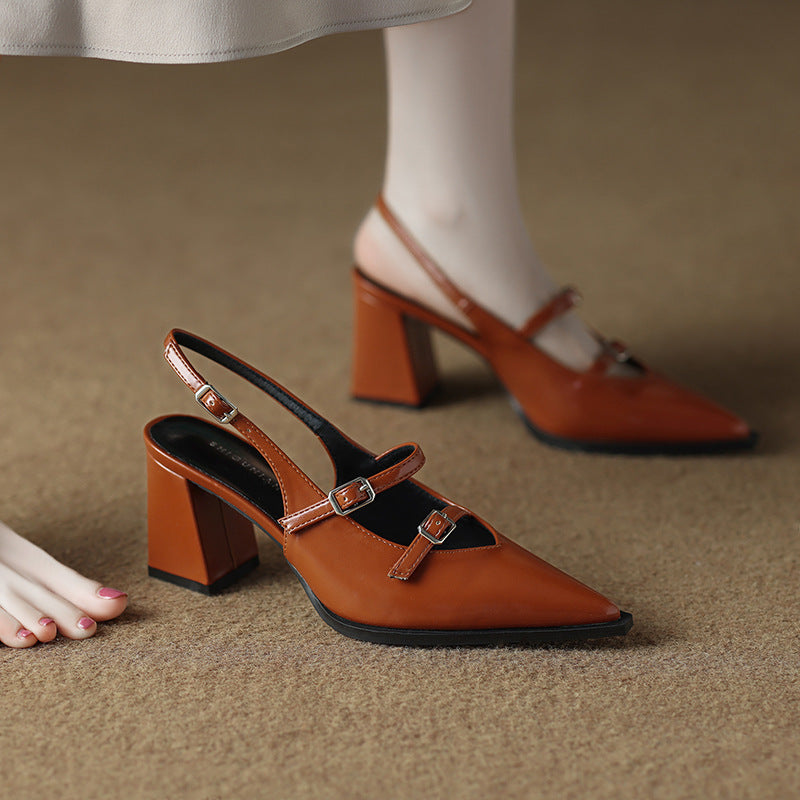 Black Leather Double Buckle Strap Pointed Toe Slingback Block Heel Pumps | Women's Mary Jane Style Mid Heel Shoes