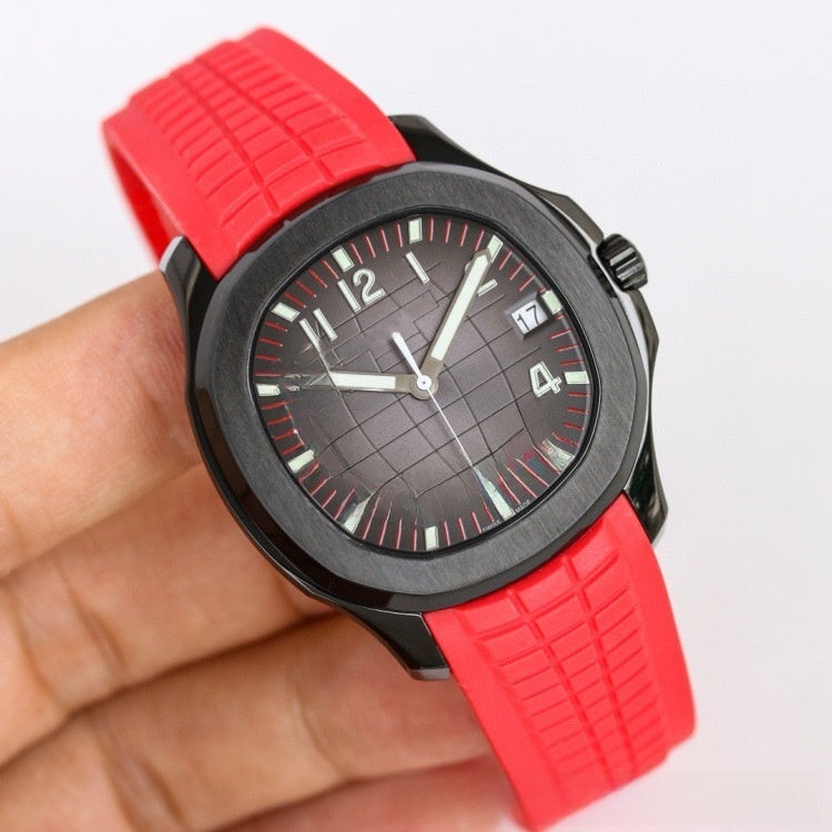 Men's Sport Luxury Watch | Black Grid Dial Stainless Steel Case Rubber Strap | Aquanaut Style Luminous Timepiece