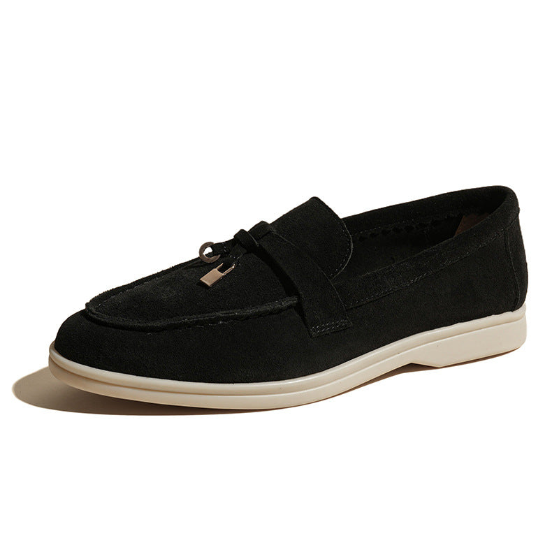 Women's Beige Suede Loafers with Gold Lock Charm ? Elegant Slip-On Flat Shoes for Everyday Luxury