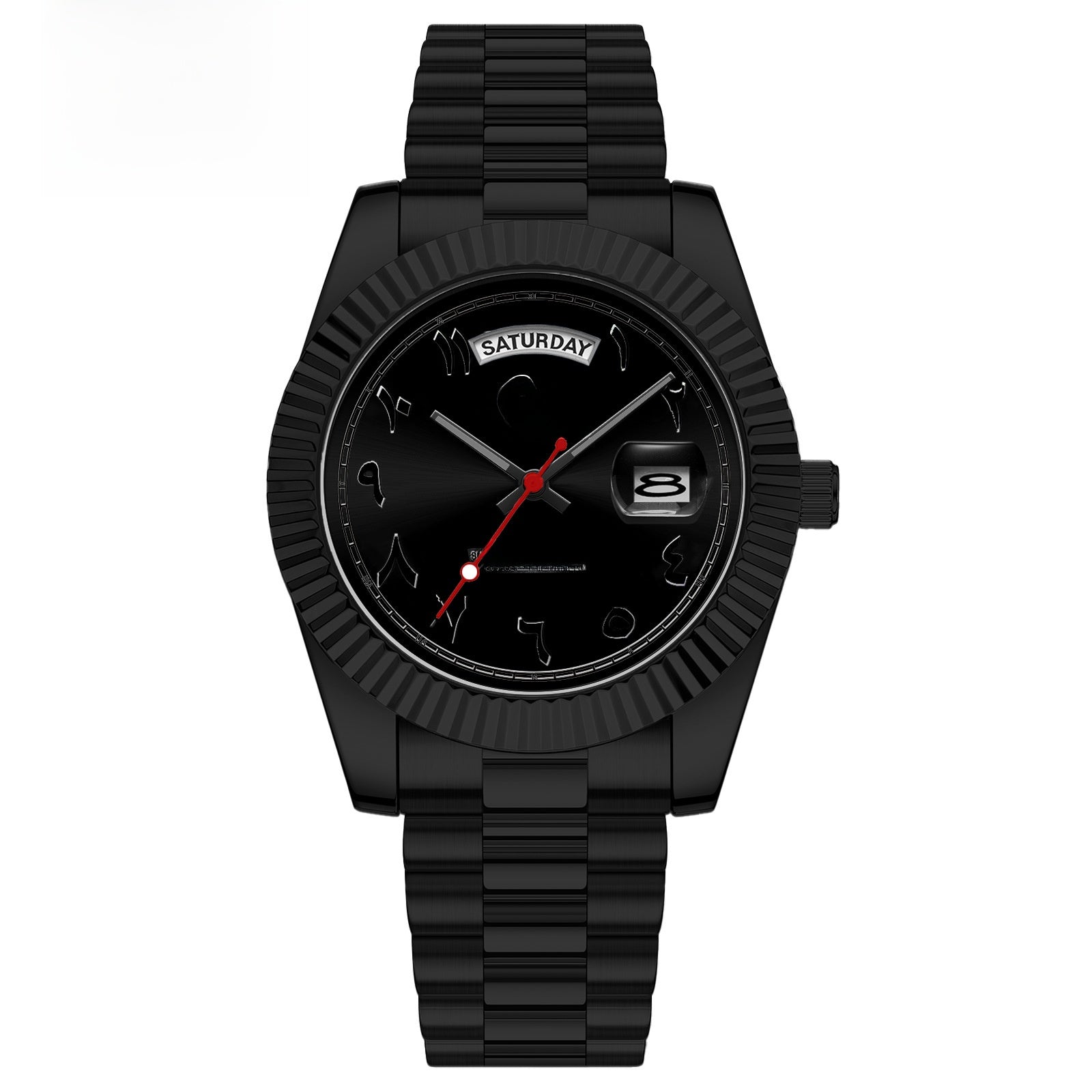 Carsikie Arabic Numeral Watch Men | Black Sunray Dial | Fluted Bezel President Style | Day Date Silver Stainless Steel Watch