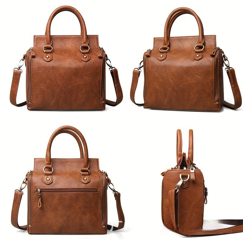 Black Structured Tote Satchel Handbag | Top Handle & Crossbody Strap | Gold Hardware Side Zip Women's Bag