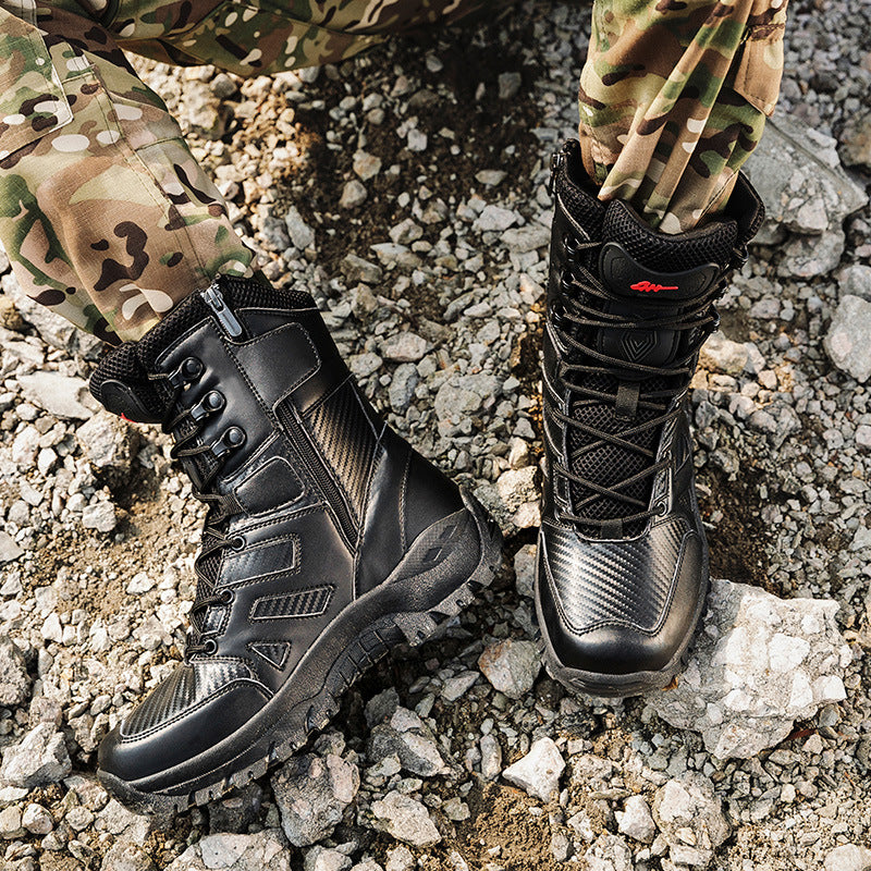 Men's Black Tactical Outdoor Boots | High Top Lace-Up Military Combat Boots | Non-Slip Hiking & Work Boots