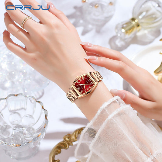 CRRJU Women's Rose Gold Tonneau Watch | Red Roman Numeral Luxury Quartz Dress Watch