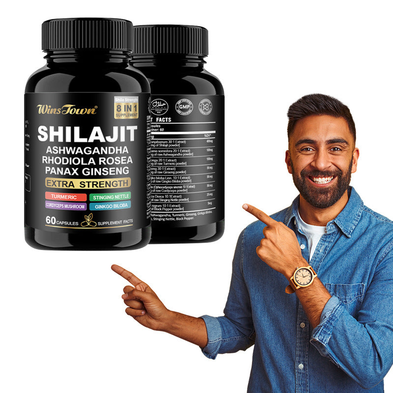 WinsTown Shilajit 8-in-1 Extra Strength Supplement | Ashwagandha Rhodiola Ginseng Turmeric Cordyceps | 60 Capsules Energy & Vitality Support