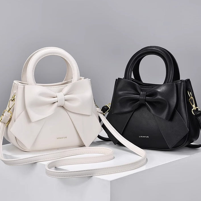 White Leather Handbag with Large Bow Detail | Small Elegant Crossbody Bag
