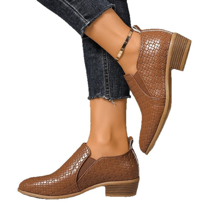 Black Woven Embossed Chelsea Ankle Boots | Slip-On Block Heel Pointed Toe Booties for Women