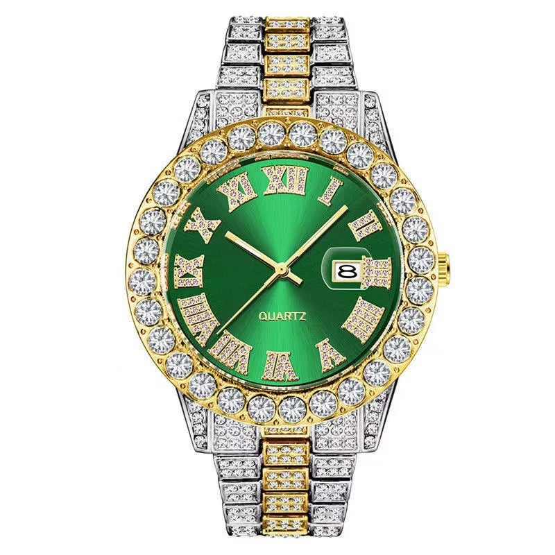 Iced Out Silver Watch | Green Sunburst Dial Diamond Roman Numerals | Full Crystal Bezel & Bracelet Mens Hip Hop Quartz Watch