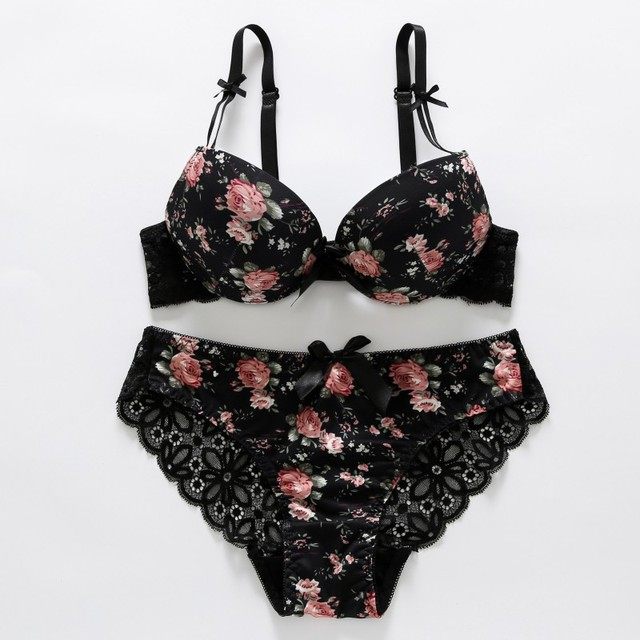 Women's Black Floral Rose Print Push-Up Bra & Panty Set ? Sexy 2-Piece Lace Trim Matching Lingerie Set