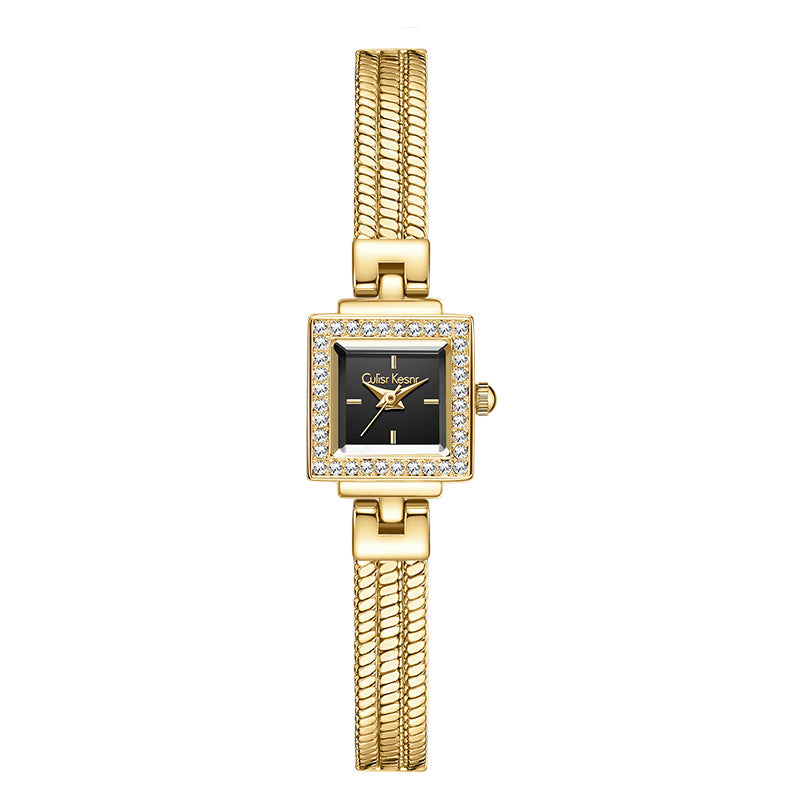 Women's Gold Square Crystal Bezel Watch | Diamond Pave Snake Chain Bracelet Champagne Dial Luxury Quartz Timepiece