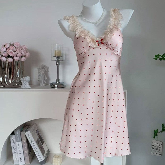 Women's Pink Heart Print Ruffle Lace Nightgown Cute V Neck Bow Accent Flared Mini Sleep Dress Kawaii Sleepwear Chemise