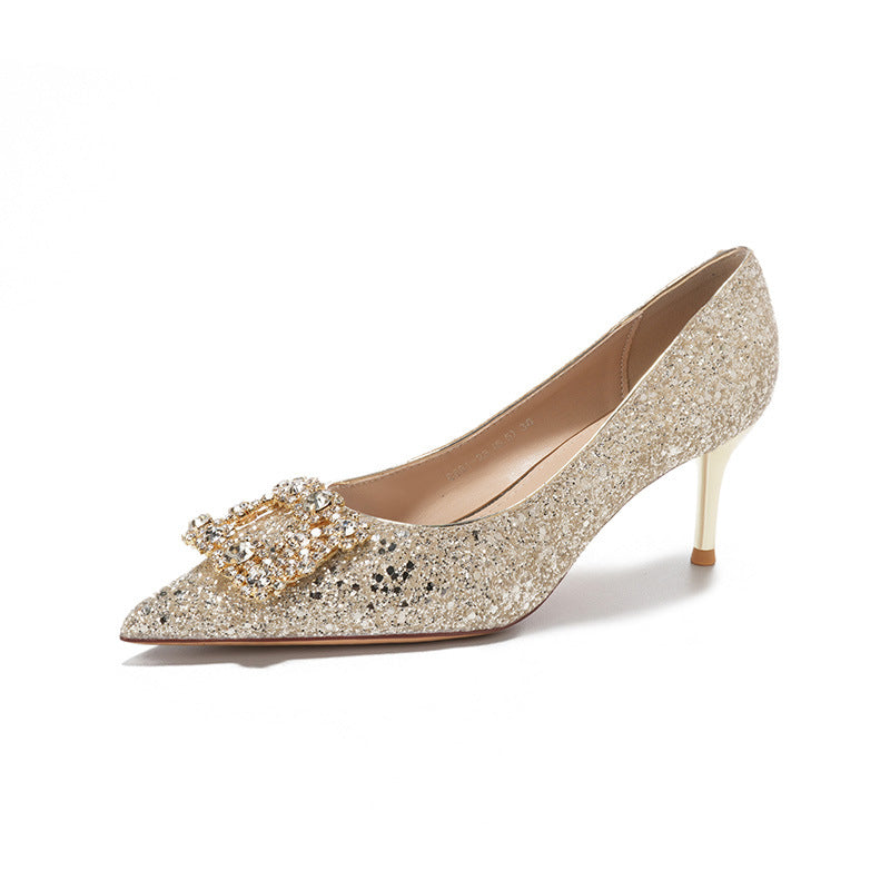 Gold Glitter Stiletto Heels | Crystal Rhinestone Buckle Pointed Toe Pumps | Wedding & Evening Party Shoes for Women