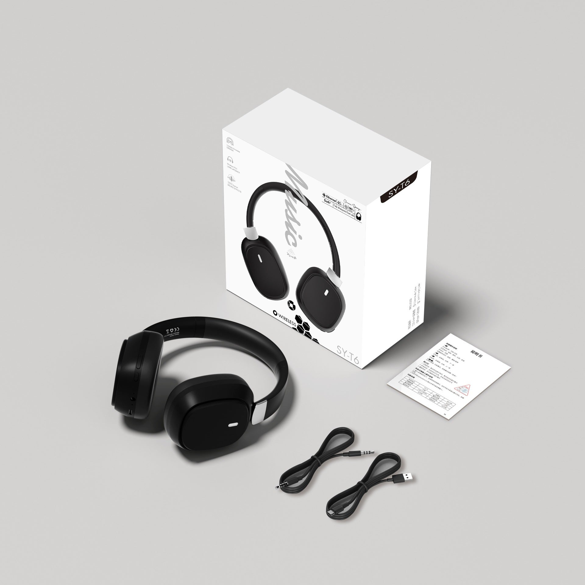 Wireless Bluetooth Over-Ear Headphones 6D Immersive Stereo Sound Foldable On-Ear Headset with Wired Mode USB Charging Cable Mic for Music Gaming Travel School - SY-T4