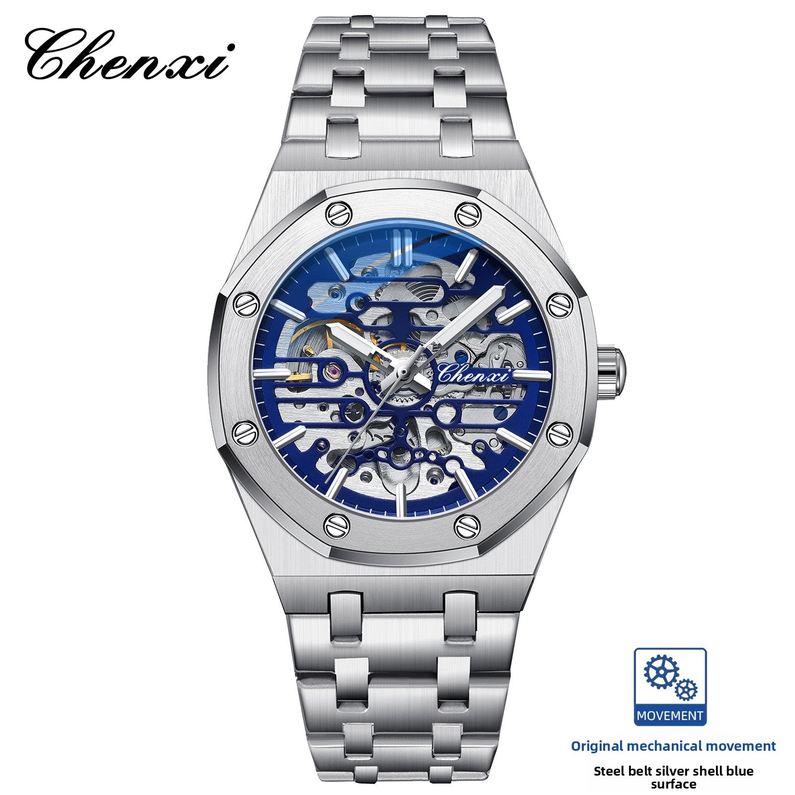Chenxi Men's Skeleton Mechanical Watch | Royal Oak Style Octagonal Screw Bezel Blue Accent | Silver Stainless Steel Bracelet Luxury Timepiece