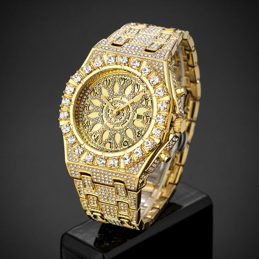 Men's Iced Out Gold Watch | Full Diamond CZ Arabic Numeral Dial | Luxury Hip Hop Skeleton Bezel | Bling Rapper Watch with Date | UAE