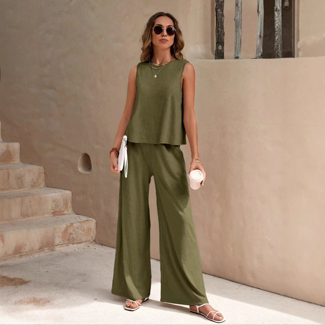 Women's 2-Piece Sleeveless Top & Wide Leg Pants Set | Linen Style Casual Summer Co-ord Outfit | Multiple Colors