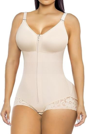 Women's Full Body Shapewear Bodysuit | Tummy Control Butt Lifter Fajas | Zipper Front Lace Hem Waist Trainer Nude Black