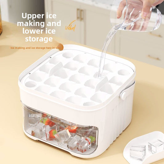 Double Layer Portable Ice Cube Tray with Storage Box | One Click Release | Large Capacity Ice Maker | BPA Free Freezer Tray with Lid & Drawer