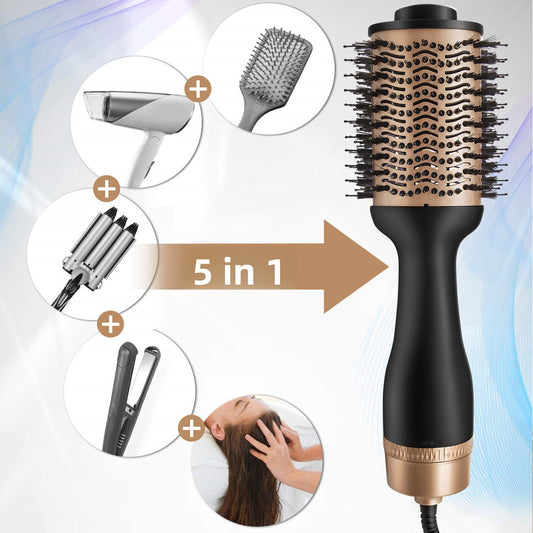Large Barrel Black Gold One Step Hot Air Brush | Professional Boar Nylon Mixed Bristle Volumizing Blow Dry Brush | Oversized Round Barrel Hair Dryer Brush for Volume Curls & Blowout