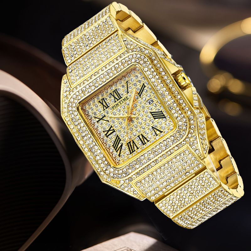 Pin Time Men's Full Iced Out Square Watch | Silver CZ Pave Roman Numeral Santos Style Hip Hop Watch with Date