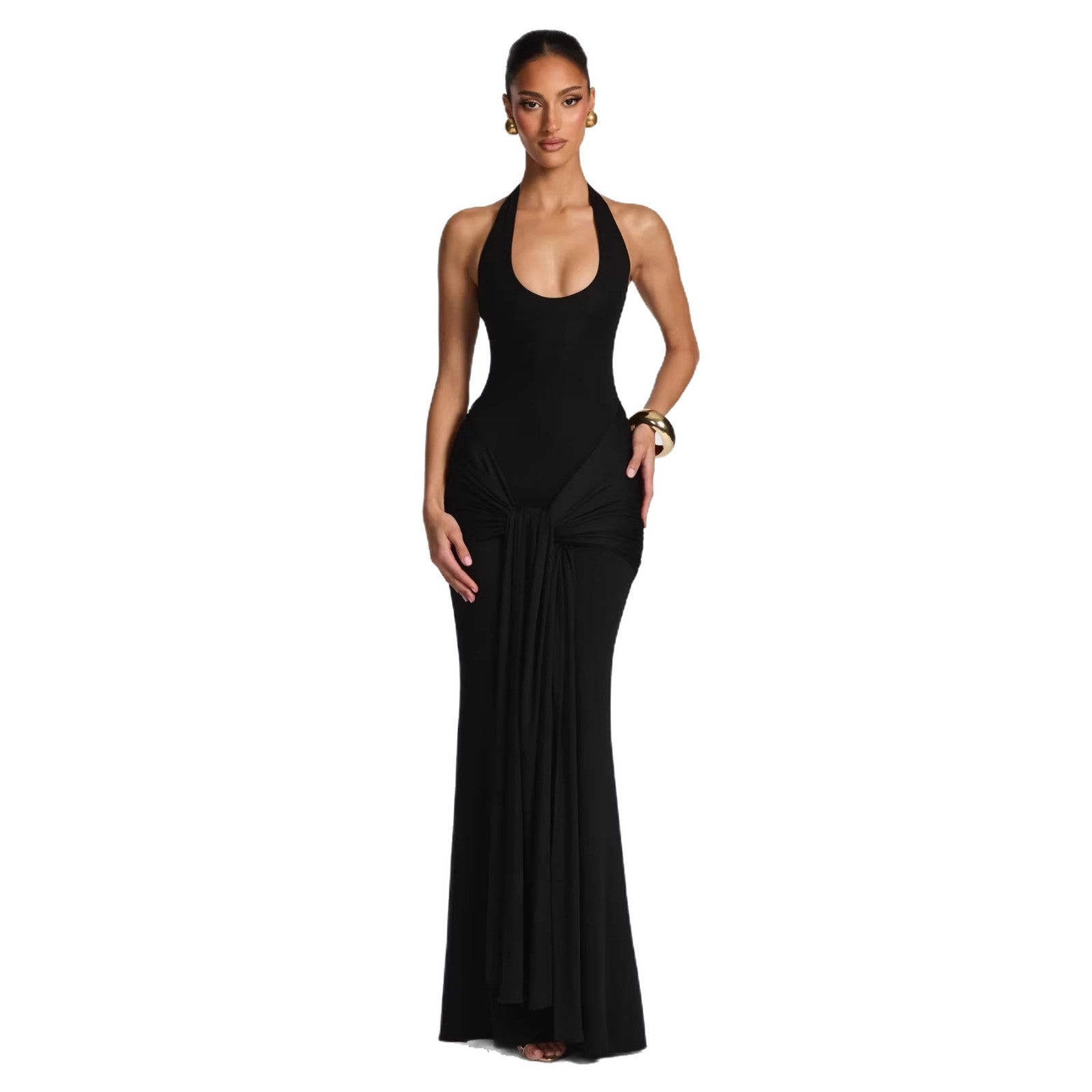 White Halter Neck Maxi Dress | Ruched Twist Front Backless Gown | Elegant Evening Formal Dress for Women