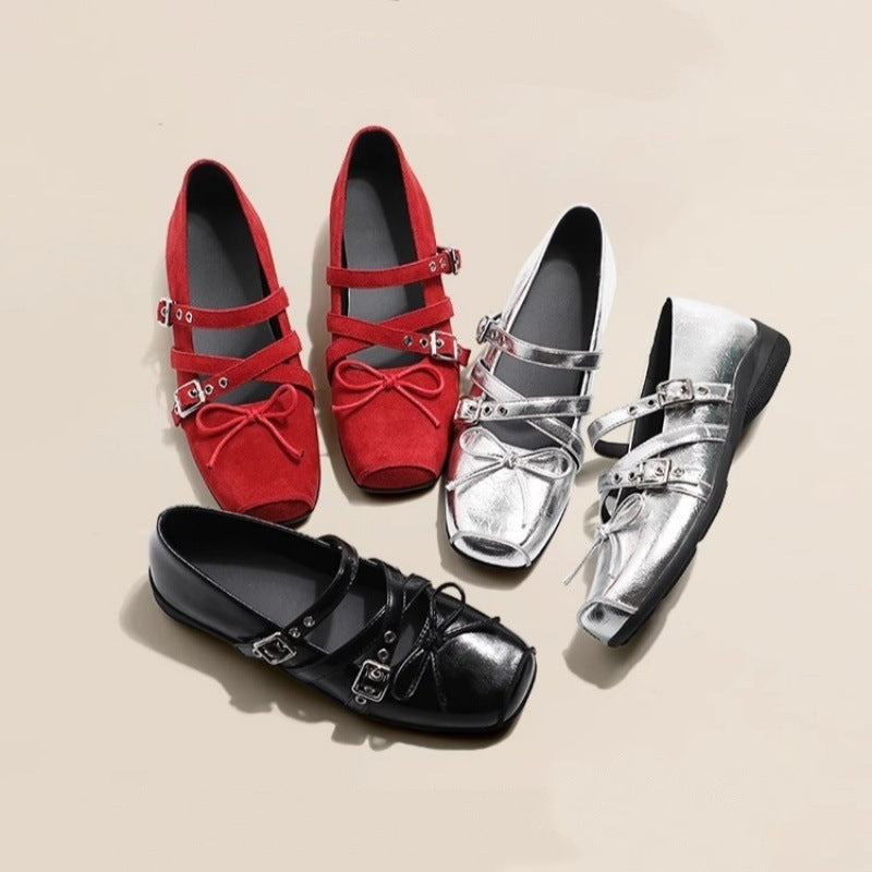 Black Patent Leather Mary Jane Flats | Double Buckle Strap Cross-Lace Bow Square Toe Women's Shoes