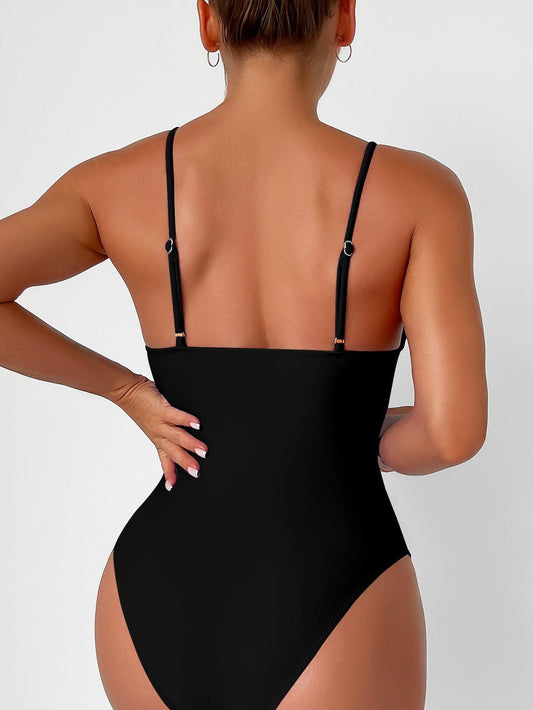 Black Tummy Control One Piece Swimsuit | Ruched Deep V Neck Halter | Slimming Flattering Swimwear Women Plus Size