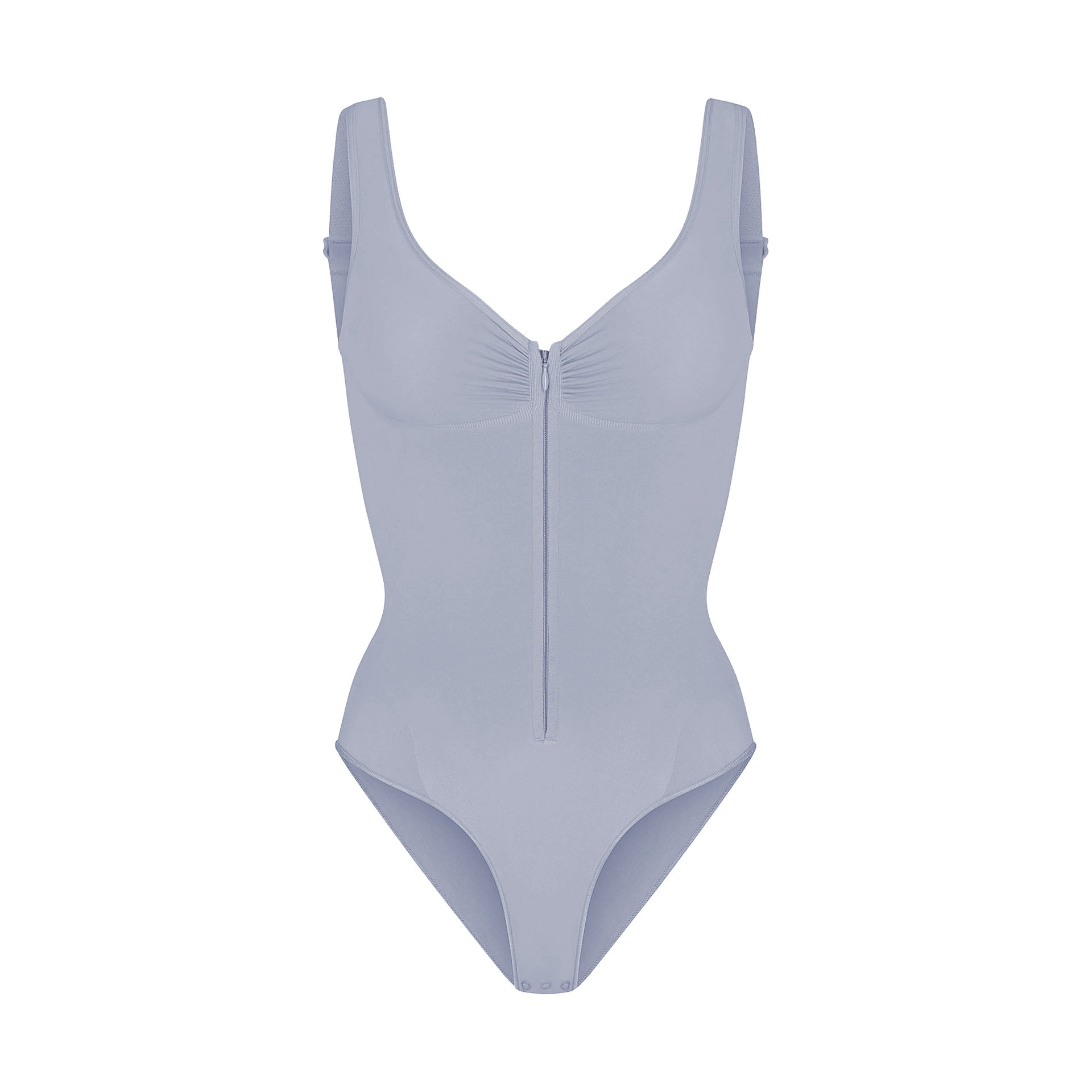 Womens Seamless Tummy Control Bodysuit Shapewear with Zipper Front Deep V Neck Adjustable Straps Thong Body Shaper in Nude and Black