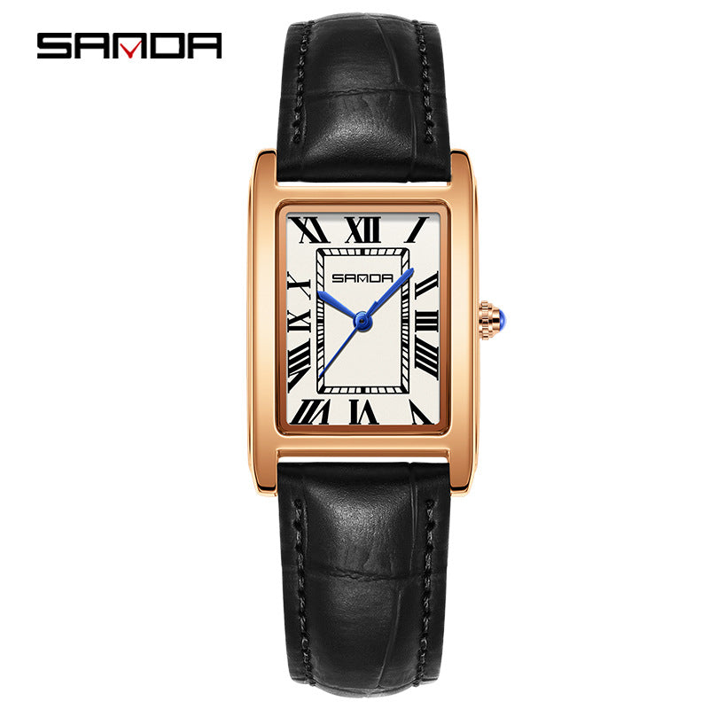 SANDA Women's Rectangle Rose Gold Watch | White Roman Numeral Dial Blue Hands Black Leather Strap Classic Quartz Timepiece