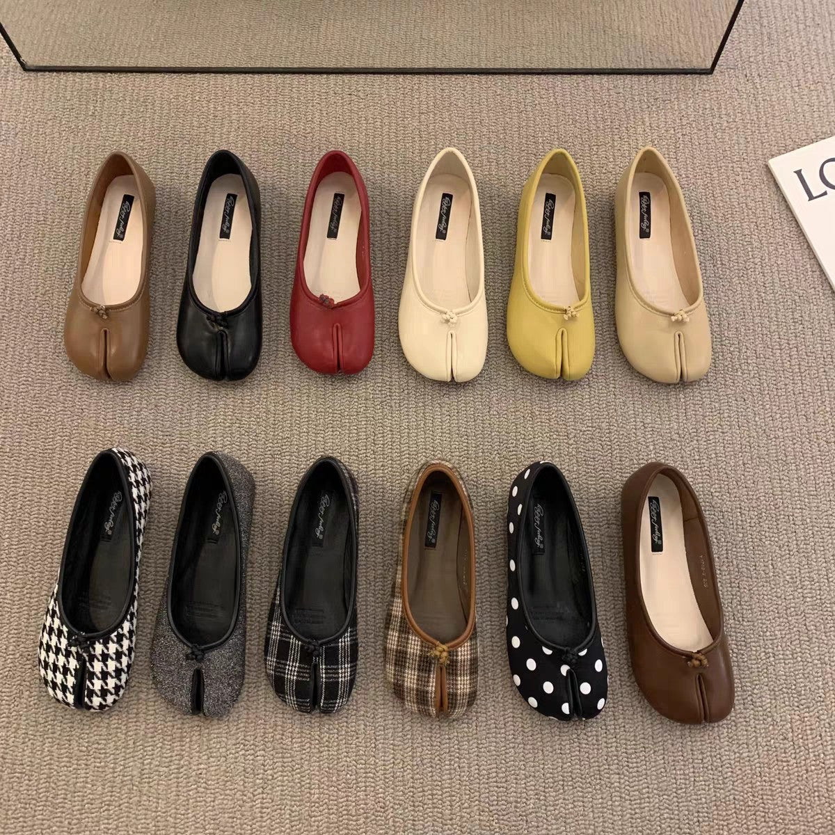Black Leather Split Toe Tabi Ballet Flats | Japanese Inspired Bifurcated Flat Shoes for Women