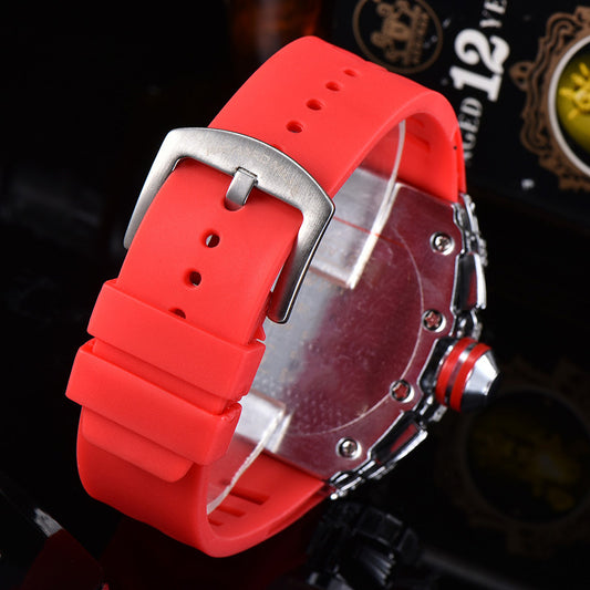 Iced Out Tonneau Watch Men | Rose Gold Baguette CZ Diamond Case | Red Rubber Strap | Chronograph Hip Hop Luxury Watch