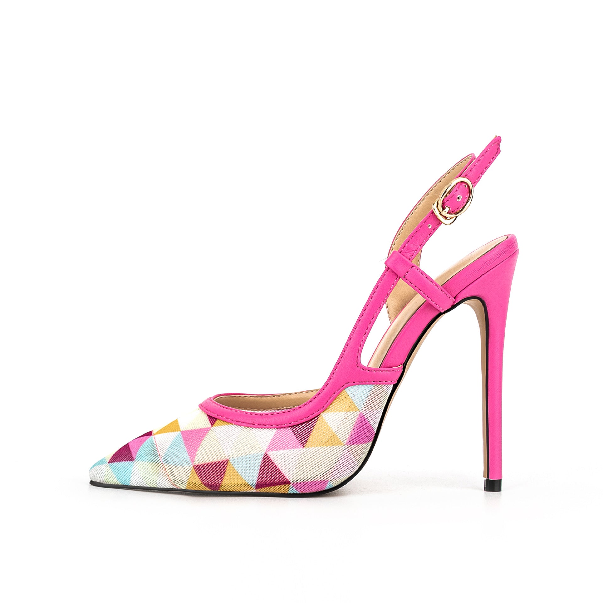 Hot Pink Geometric Print Pointed Toe Slingback Stiletto Heels | Women's Colorful T-Strap High Heel Pumps