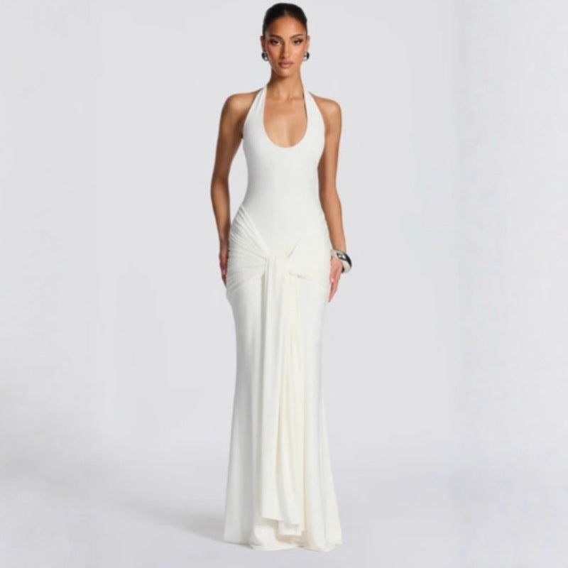 White Halter Neck Maxi Dress | Ruched Twist Front Backless Gown | Elegant Evening Formal Dress for Women
