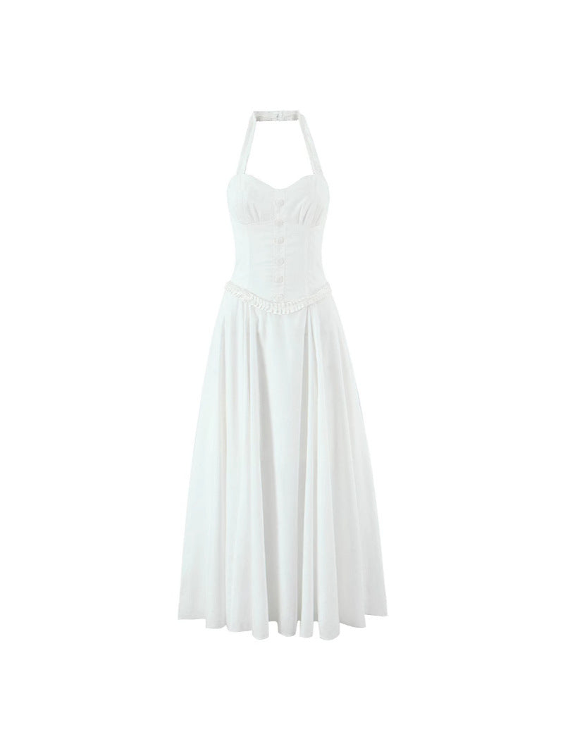 White Halter Corset Midi Dress | Sweetheart A-Line Women Dress