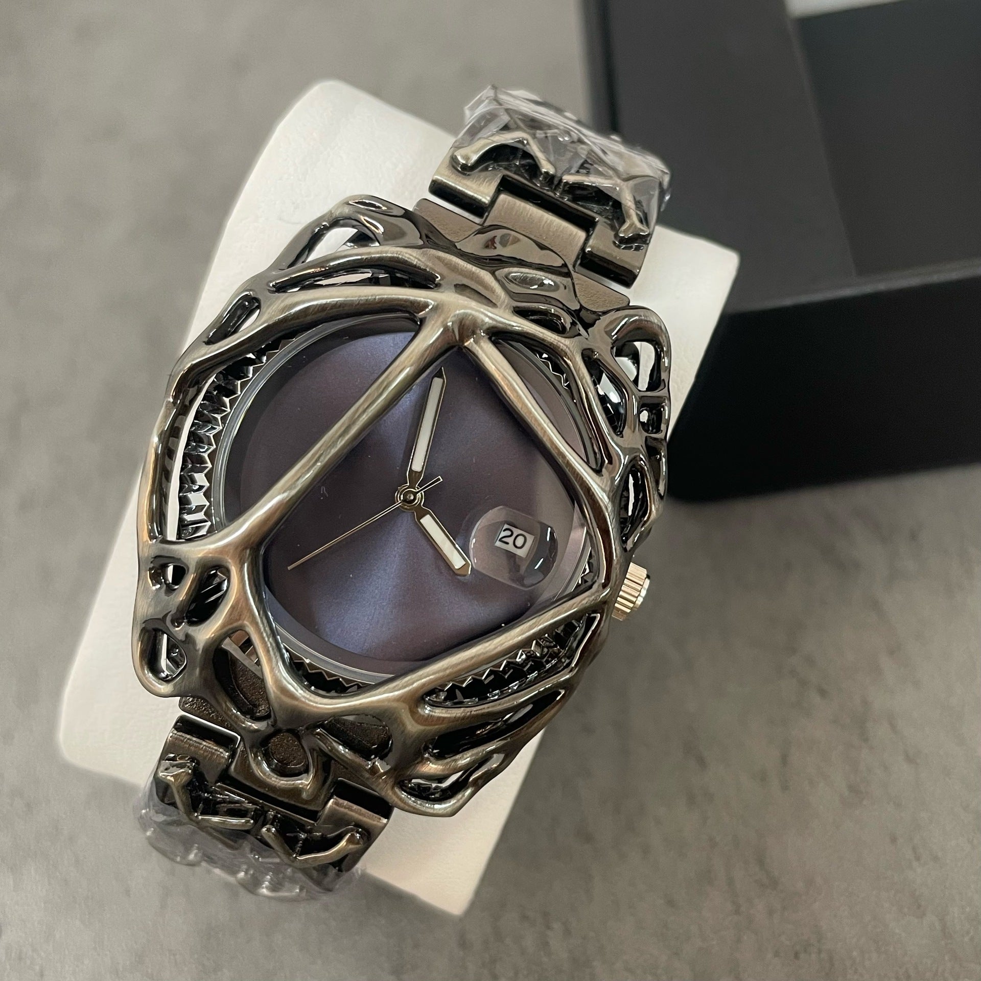 Avant-Garde Black Sculpted Web Watch for Men | Red Gradient Dial Dark Art Luxury Quartz Timepiece