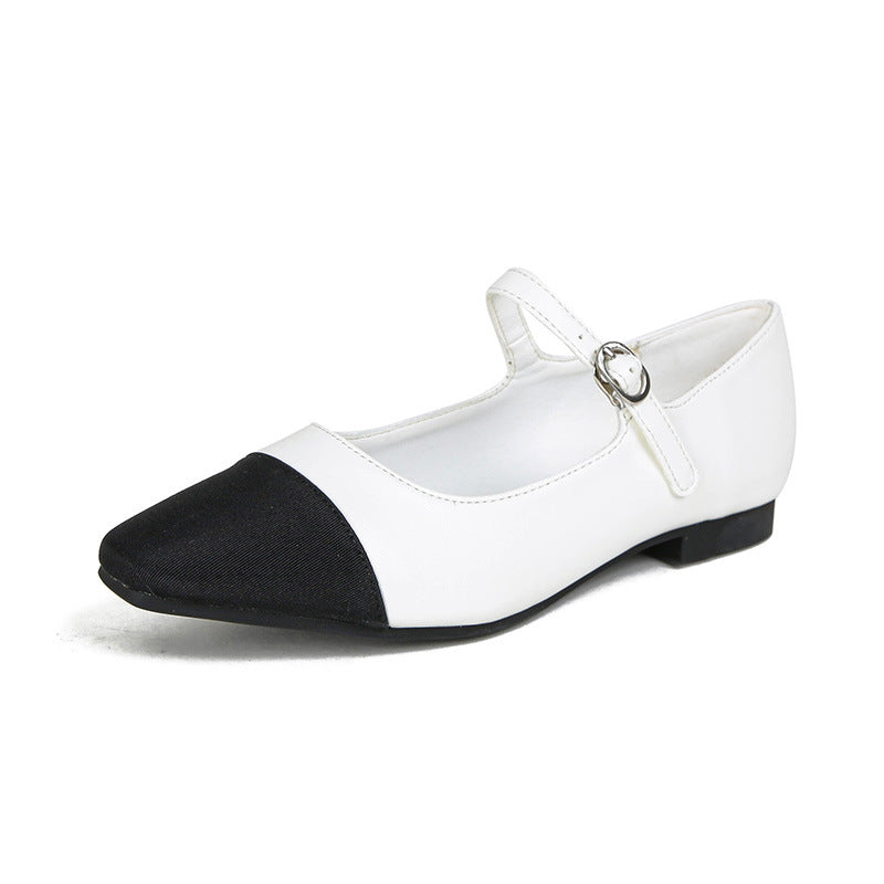 Silver Metallic Black Cap Toe Mary Jane Ballet Flats | Two-Tone Buckle Strap Pointed Flat Shoes for Women