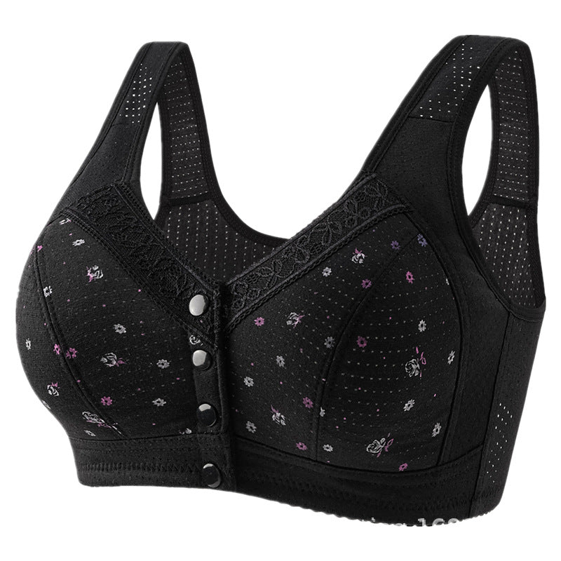 Women's Front Closure Wireless Bra | Floral Print Wide Strap Full Coverage Snap Button Bra | Comfort Bra for Seniors