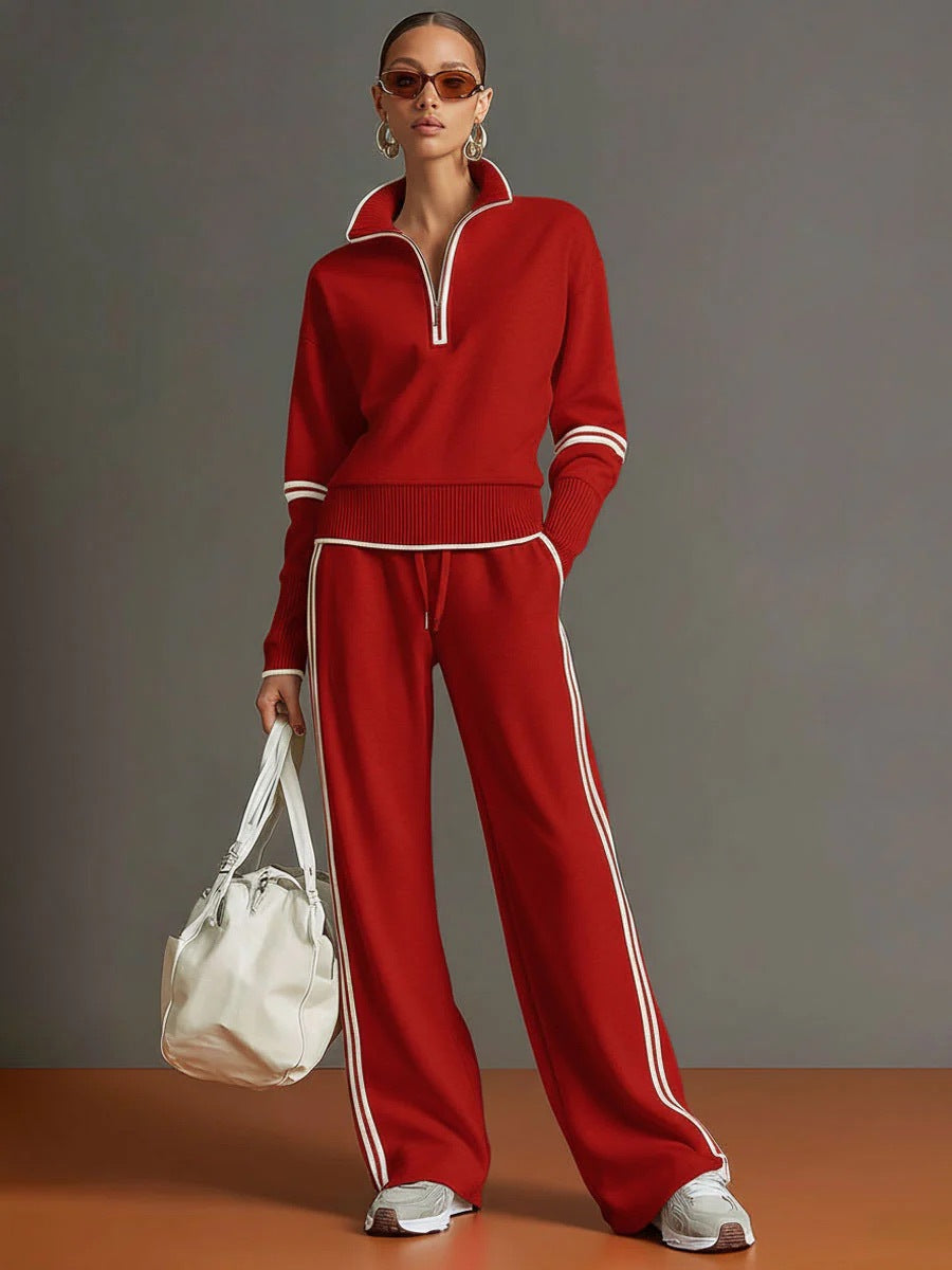 Red Knit Two-Piece Tracksuit Set | Quarter-Zip Pullover & Wide-Leg Pants | Striped Co-Ord Loungewear