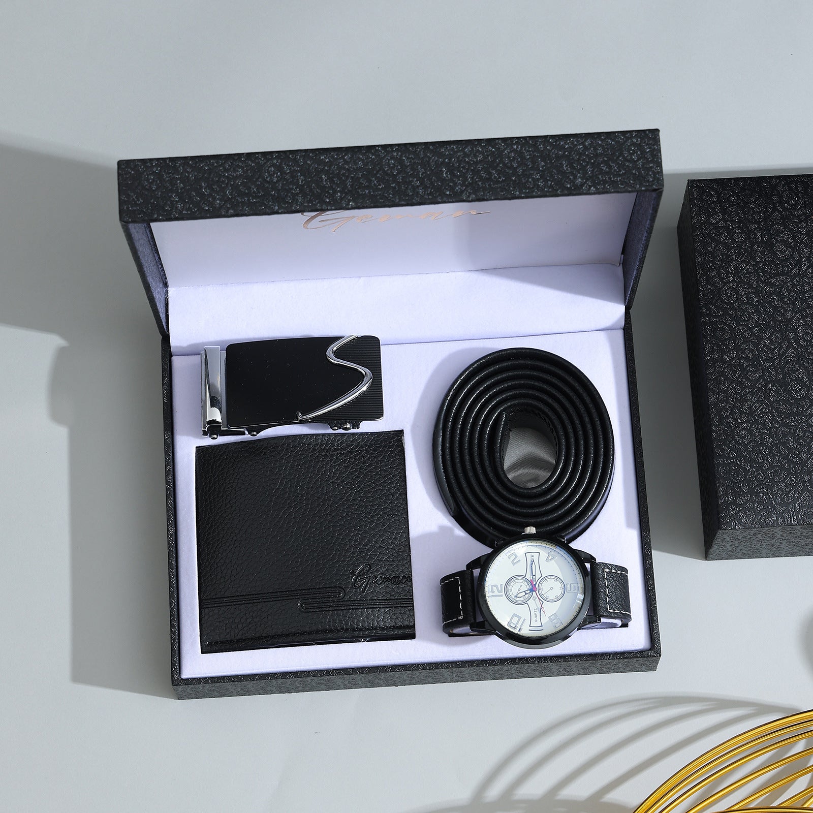 Geman Men's Luxury Gift Set – 6-Piece Black Leather Belt, Wallet, Watch, Bracelet, Keychain & Pen Box Set | Premium Men's Gift