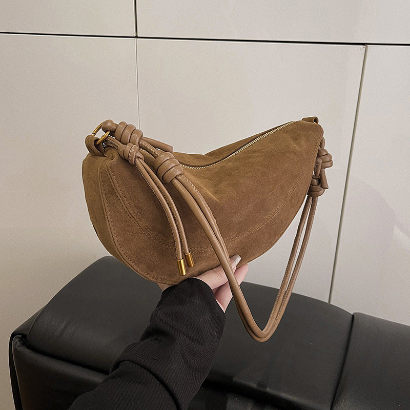 Suede Crescent Shoulder Bag with Knotted Strap & Gold Hardware | Women's Half Moon Hobo Bag in Brown | Trendy Minimalist Crossbody for Everyday & Going Out