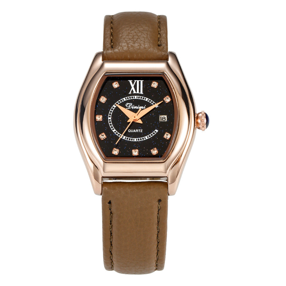 Dinimi Tonneau Watch Women | Black Starry Crystal Dial | CZ Diamond Markers Roman Numeral | Silver Case Black Leather Date Watch