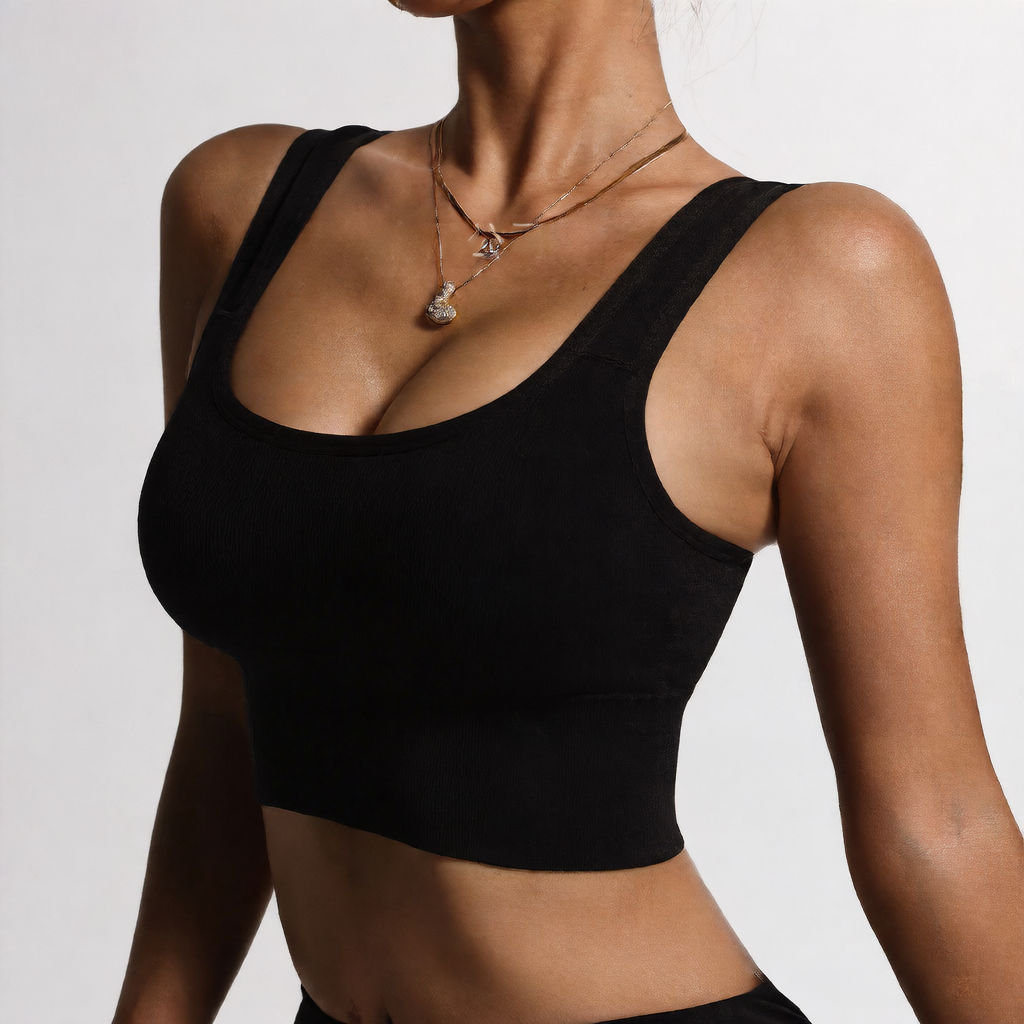 Women's Black Ribbed Square Neck Crop Top Bra with Wide Straps, Seamless Padded Sports Bra for Gym and Casual Wear
