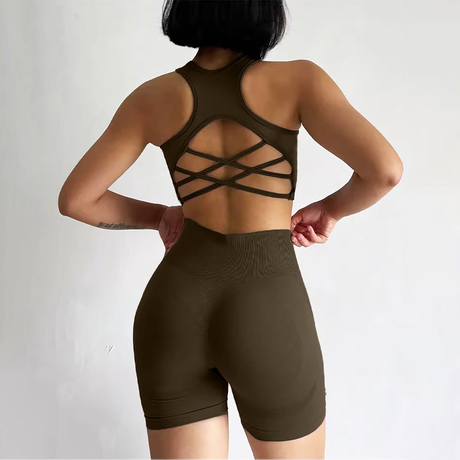 Women's Seamless Workout Set - Cross Back Sports Bra & High Waist Biker Shorts | Breathable Mesh Gym Activewear 2 Piece Set