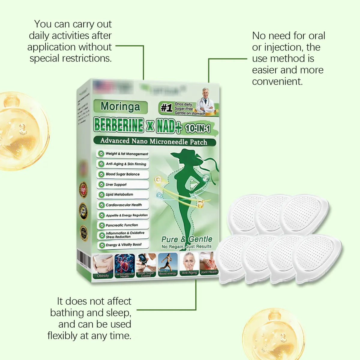 Moringa Berberine x NAD+ 10 in 1 Advanced Nano Microneedle Patch Set of 3 Weight Management Blood Sugar Balance Anti Aging and Energy Boost Sugar Free