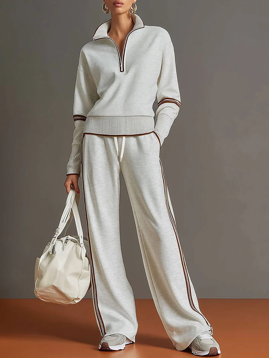 Red Knit Two-Piece Tracksuit Set | Quarter-Zip Pullover & Wide-Leg Pants | Striped Co-Ord Loungewear