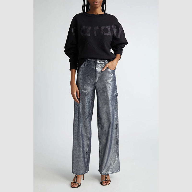 Black Glitter Logo Oversized Sweatshirt | Women's Relaxed Fit Crew Neck Pullover