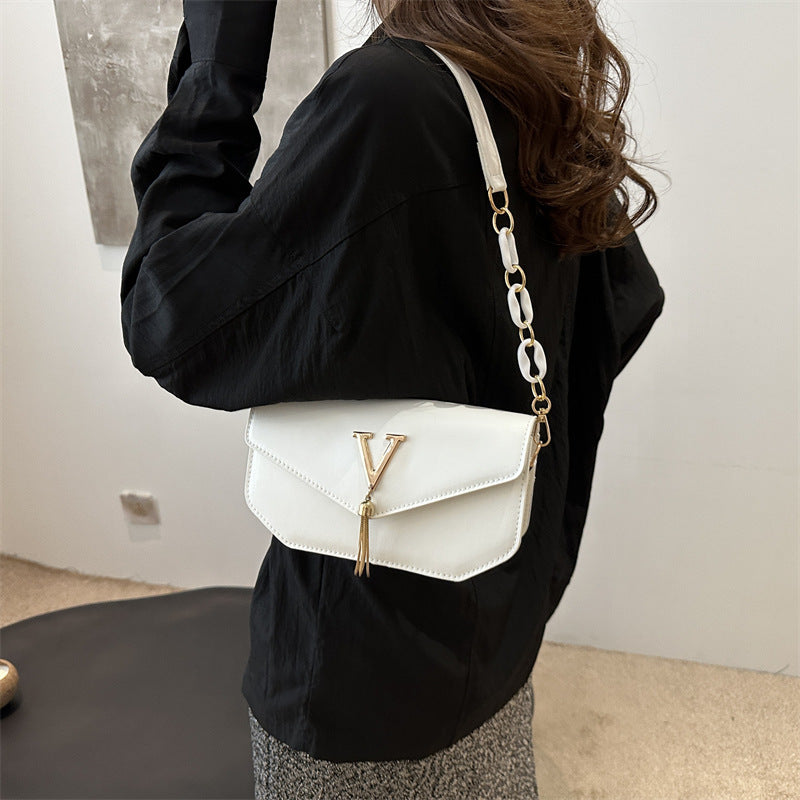 White Leather Shoulder Bag with V Logo - Envelope Flap Crossbody with Chain & Tassel Detail | Designer Inspired Handbag