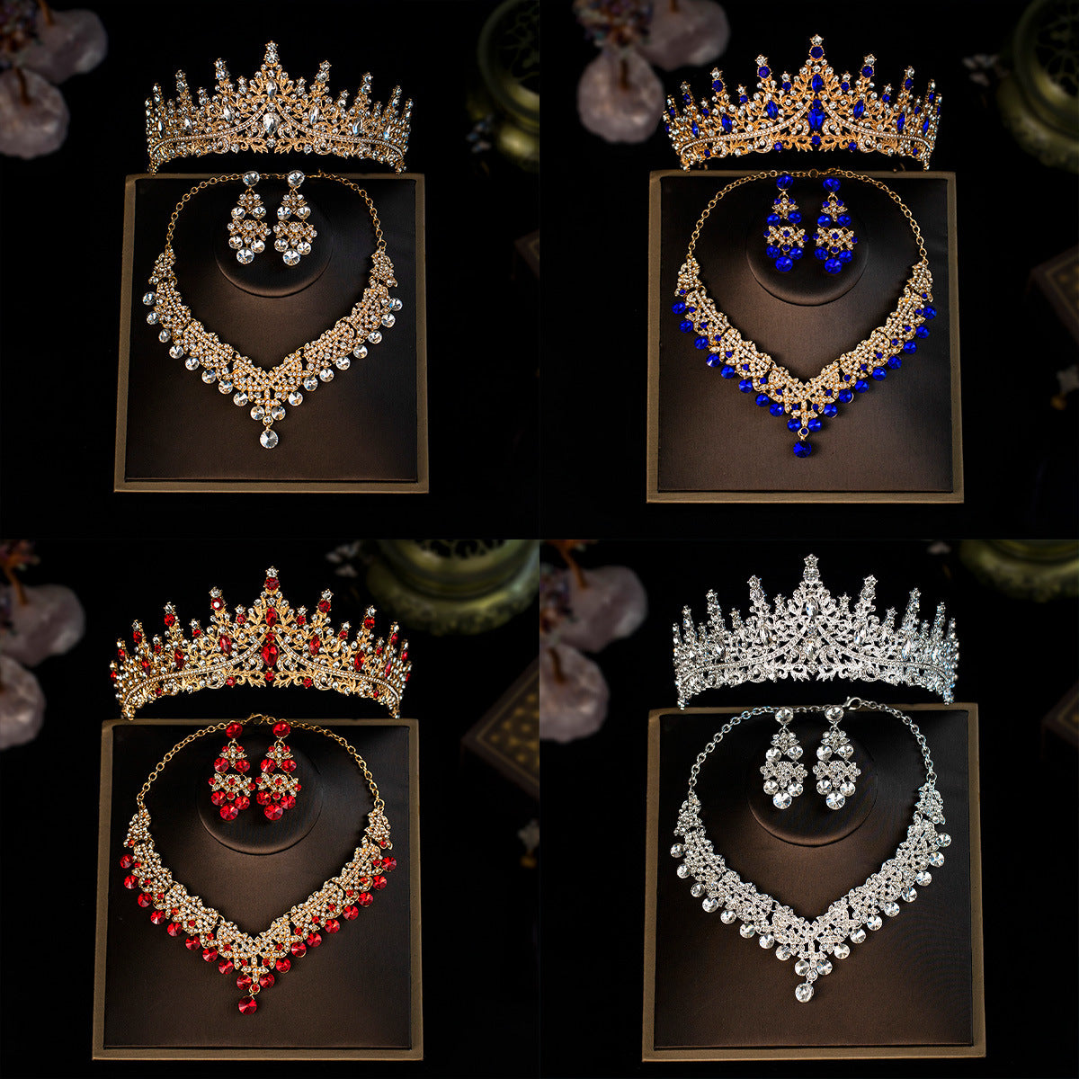3 Piece Red Crystal Bridal Jewelry Set | Gold Crown Tiara Necklace & Earrings | Queen Wedding Pageant Party Jewelry Set